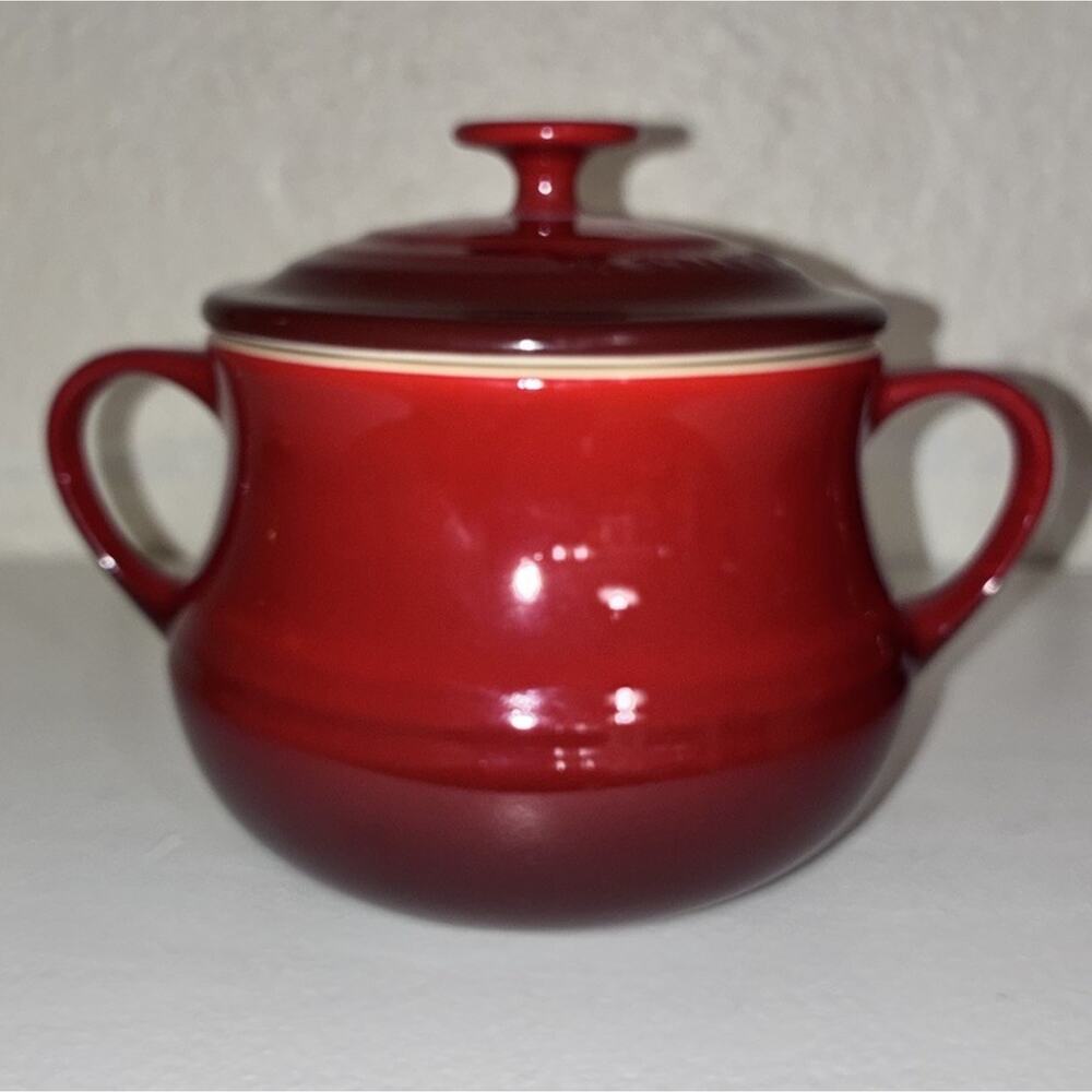 Le Creuset Stoneware Red Mini Casserole Bean Pot Soup Bowl Lid Handles